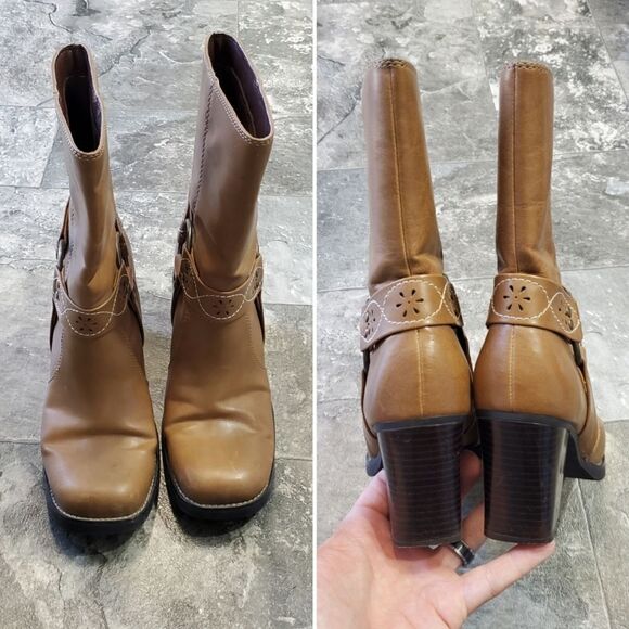 Vintage 90s y2k Bratz Camel Tan Faux Vegan Leather Chunky Heel Square Toe Boots - Picture 4 of 9